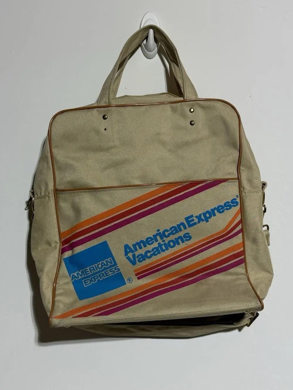 American Express Vacations Bag Messenger‎ Carry On Tote Beige Canvas Vtg 1980s